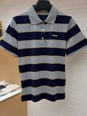 Miu Miu Grey and Navy Striped Short-Sleeve Polo